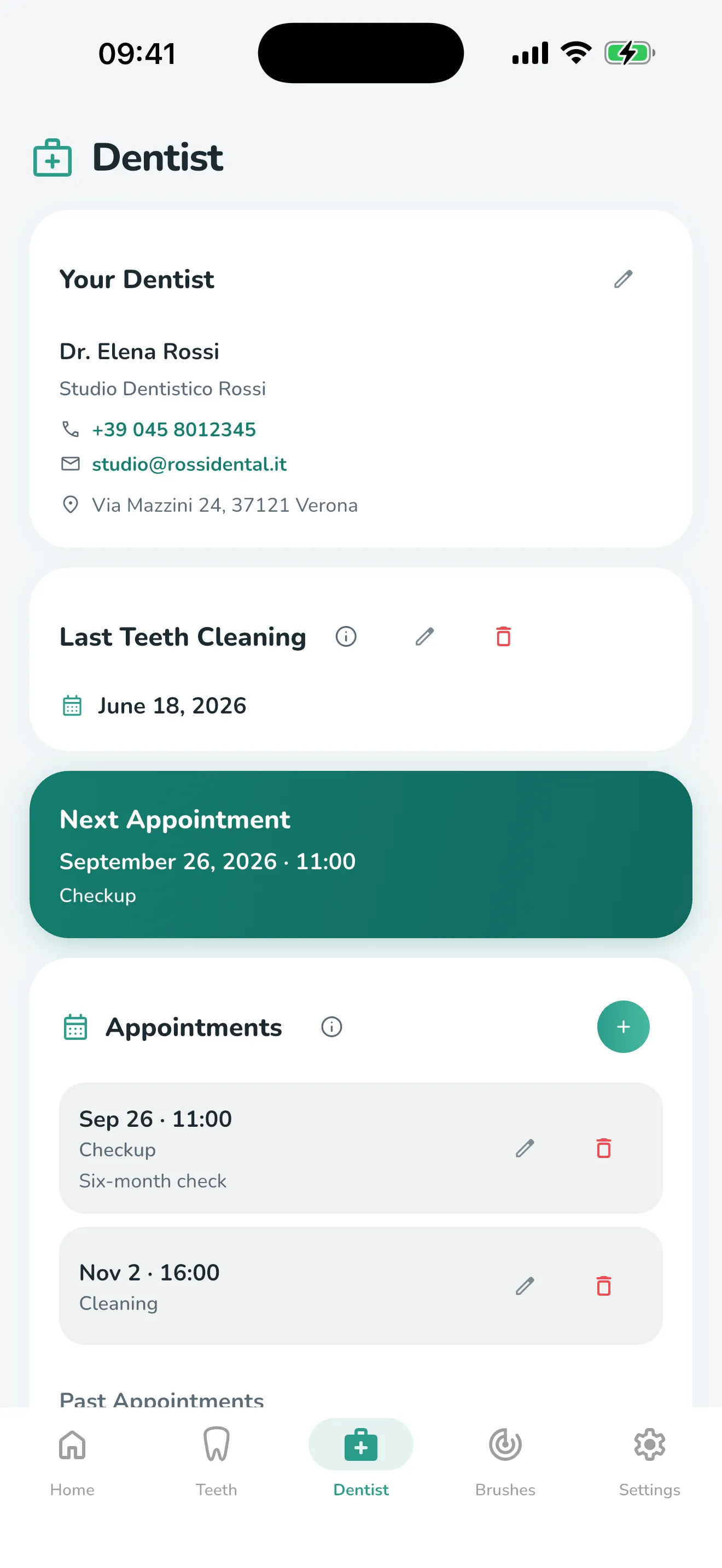 The Dentist tab: practice contact details, the last cleaning and the next appointment